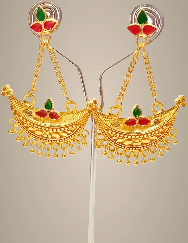 Assamese_Traditional_Copper_Gold_Plated_Red_Green_Colour_Jhumki_Earring_For_Girls_&_Women