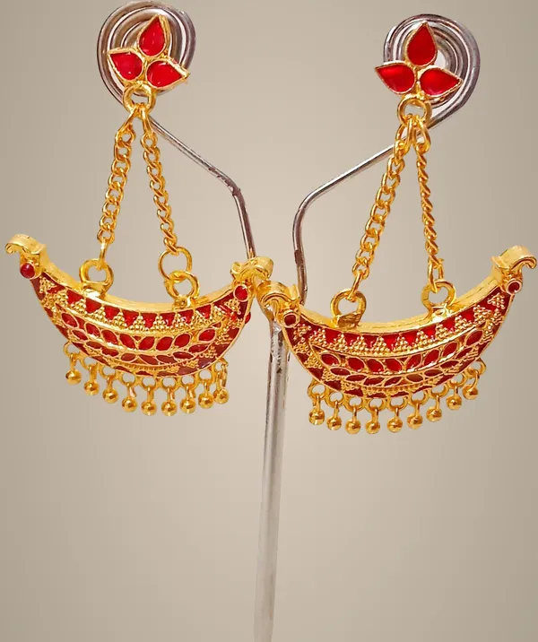 Assamese_Traditional_Copper_Gold_Plated_Red_Colour_Jhumki_Earring_For_Girls_&_Women