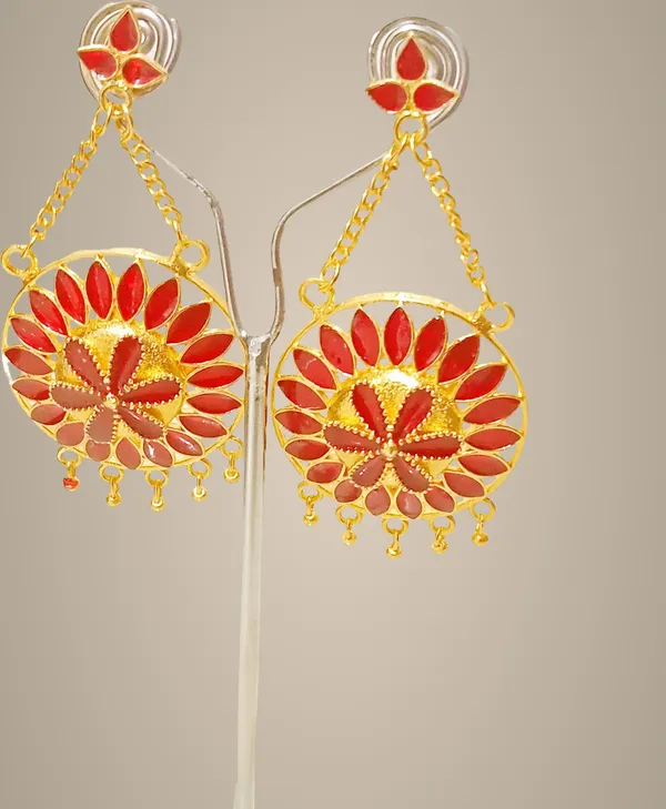 Assamese_Traditional_Copper_Gold_Plated_Red_Colour_Jhumka_Earring_For_Girls_&_Women