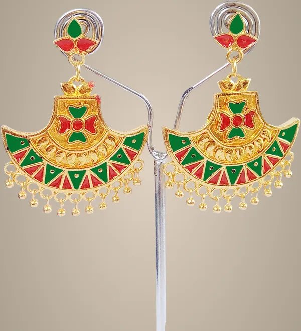 Assamese_Traditional_Copper_Gold_Plated_Red_Green_Colour_Jhumki_Earring_For_Girls_&_Women