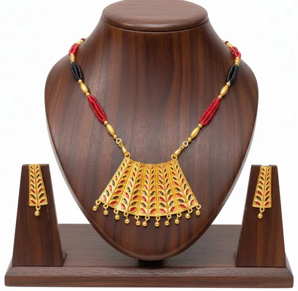 Assamese_Traditional_Gold_Plated_Red_Black_Colour_Tassel_Jewellery_Set_For_Women