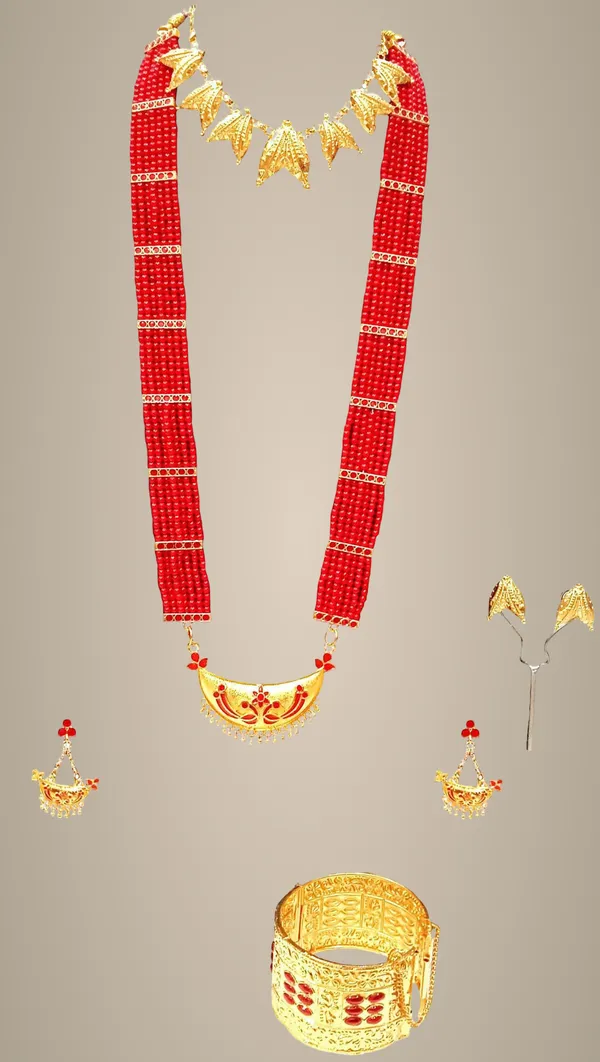 Assamese_Traditional_Gold_Plated_Red_Colour_Joonbiri_Tassel_Jewellery_Set_For_Women