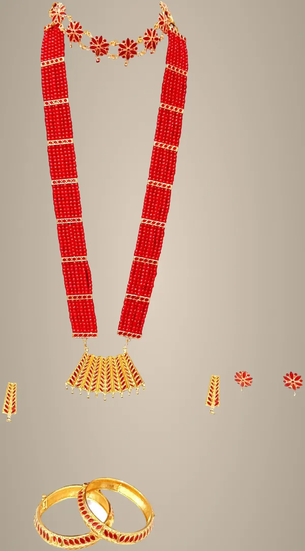 Assamese_Traditional_Gold_Plated_Red_Colour_Combo_Jewellery_Set_For_Women