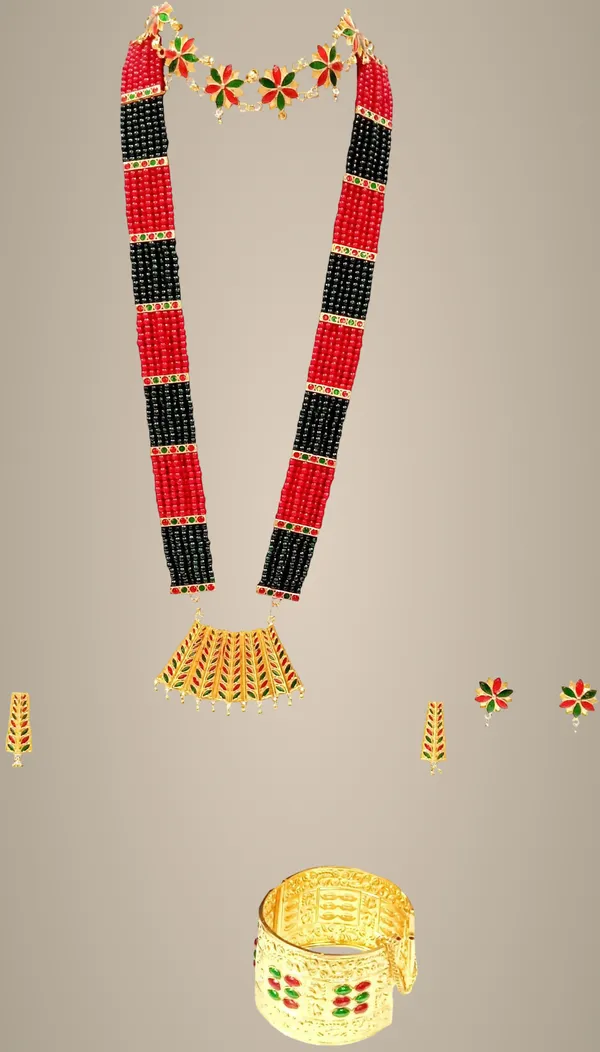 Assamese_Traditional_Gold_Plated_Red_Green_Colour_Combo_Jewellery_Set_For_Women