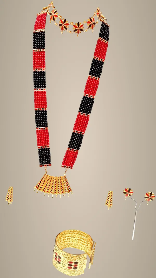Assamese_Traditional_Gold_Plated_Red_Black_Colour_Combo_Jewellery_Set_For_Women