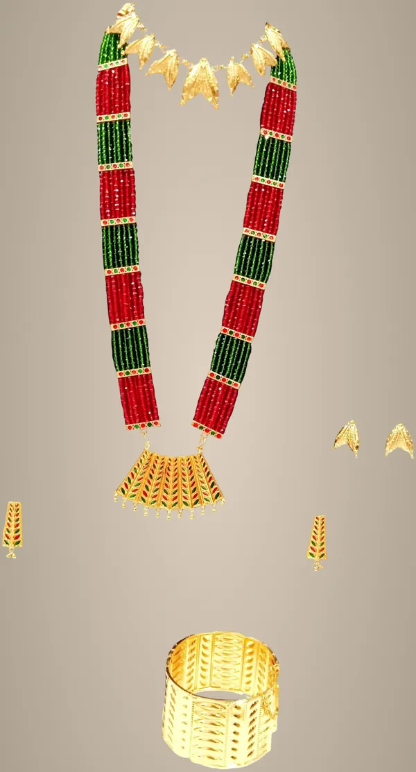 Assamese_Traditional_Gold_Plated_Red_Green_Colour_Combo_Jewellery_Set_For_Women