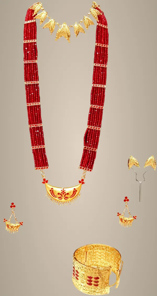Assamese_Traditional_Gold_Plated_Red_Colour_Combo_Jewellery_Set_For_Women
