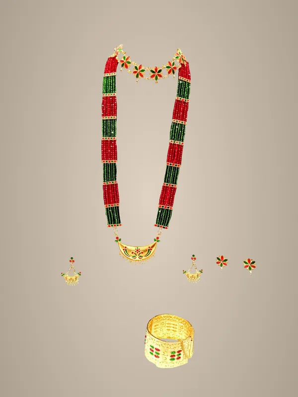 Assamese_Traditional_Gold_Plated_Red_Green_Colour_Combo_Jewellery_Set_For_Women