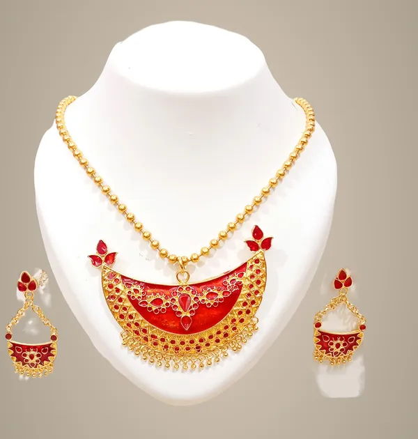 Assamese_Traditional_Gold_Plated_Red_Colour_Joonbiri_Chain_Jewellery_Set_For_Women_&_Girl