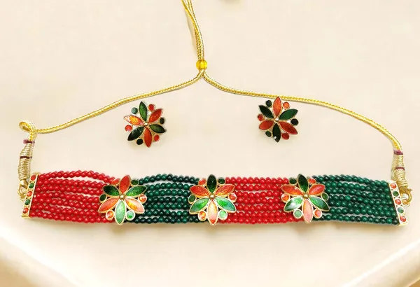 Assamese_Traditional_Gold_Plated_Red_Green_Colour_Golpata_Necklace_Set_For_Women_&_Girls