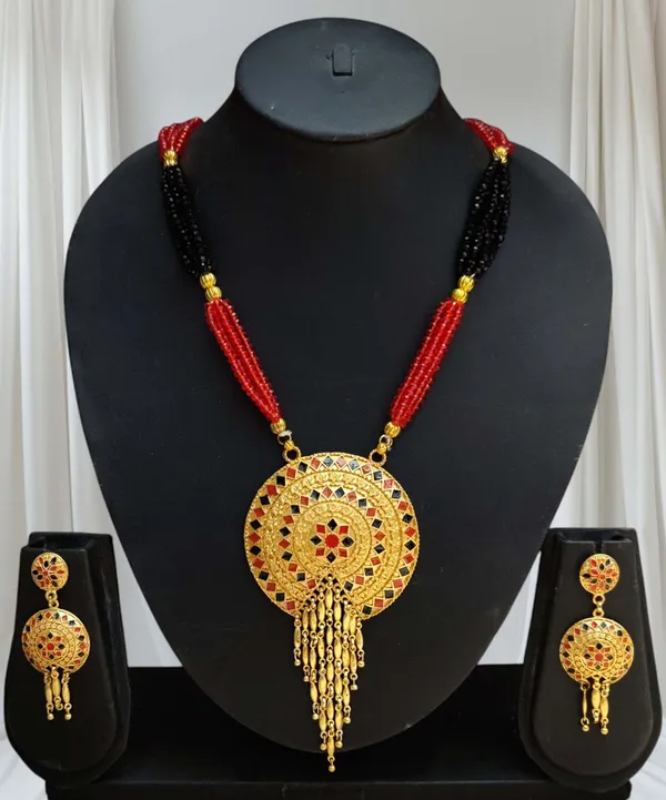 Copper_Based_Assamese_Traditional_Gold_Plated_Red_Black_Meenakari_Japi_Tassel_Jewellery_Set_For_Women_&_Girls