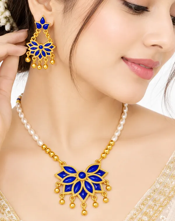 Assamese_Traditional_Copper_Based_Blue_Meenakari__White_Ball_Jewellery_Set
