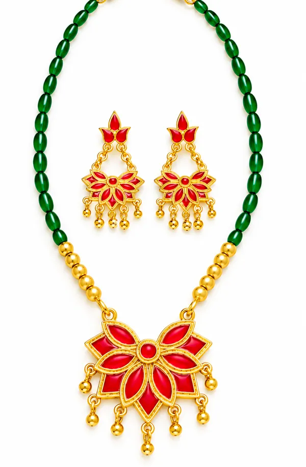 Assamese_Traditional_Copper_Based_Red_Meenakari__Green_Ball_Jewellery_Set