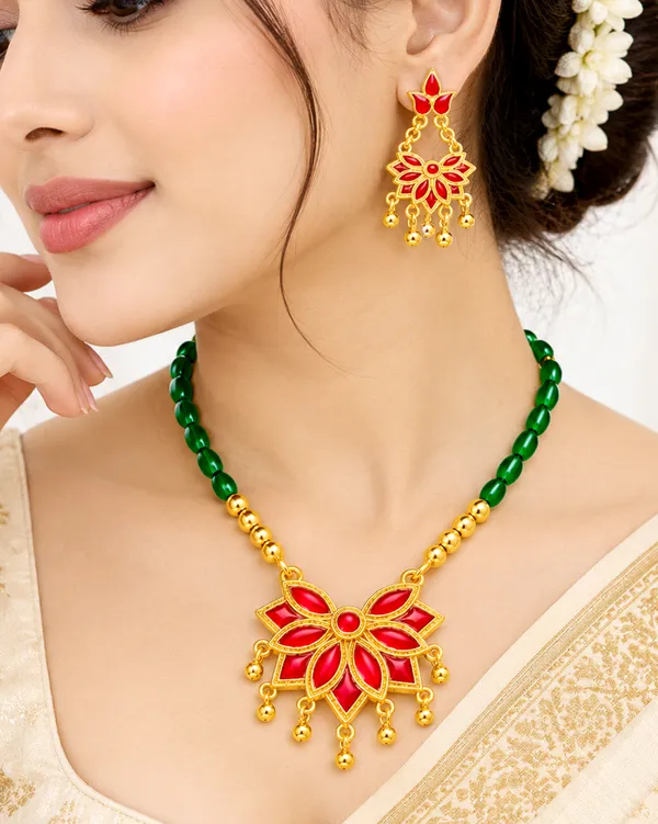Assamese_Traditional_Copper_Based_Red_Meenakari__Green_Ball_Jewellery_Set