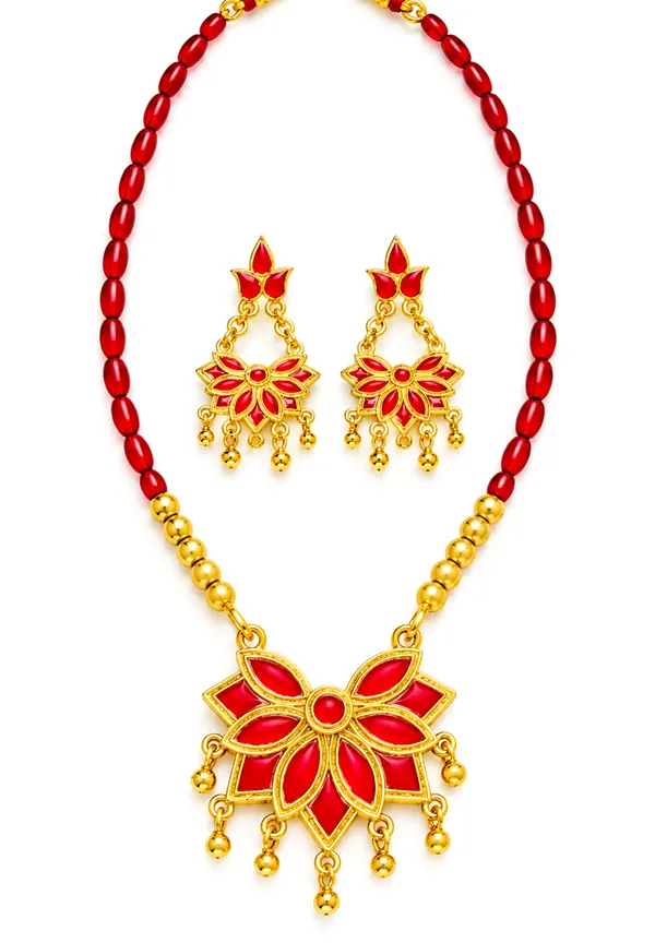 Assamese_Traditional_Copper_Based_Red_Meenakari__Red_Ball_Jewellery_Set