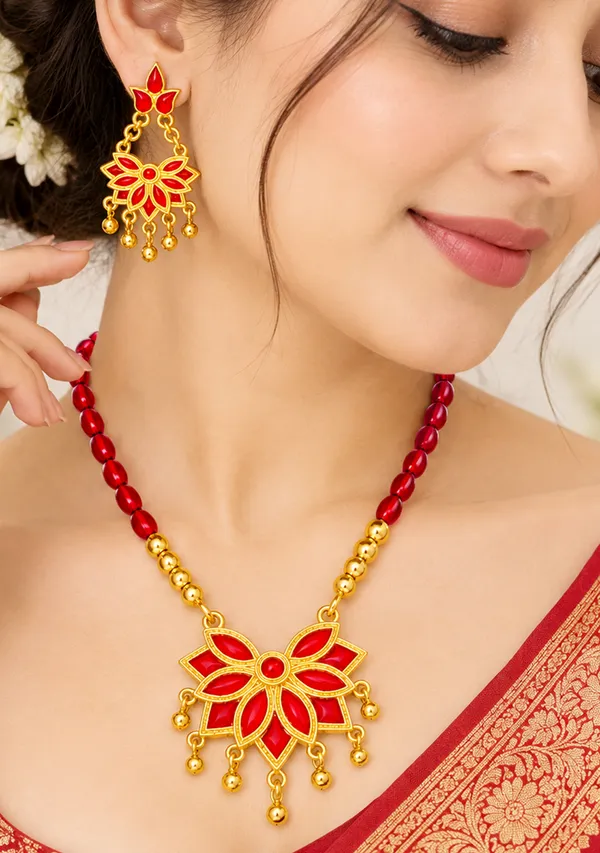 Assamese_Traditional_Copper_Based_Red_Meenakari__Red_Ball_Jewellery_Set