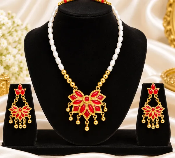Assamese_Traditional_Copper_Based_Red_Meenakari__White_Ball_Jewellery_Set