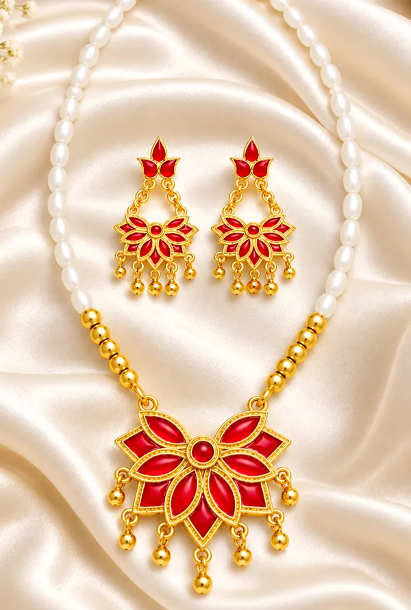 Assamese_Traditional_Copper_Based_Red_Meenakari__White_Ball_Jewellery_Set