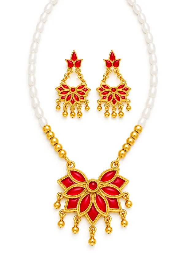 Assamese_Traditional_Copper_Based_Red_Meenakari__White_Ball_Jewellery_Set