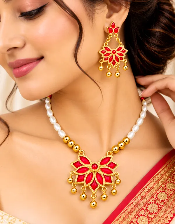 Assamese_Traditional_Copper_Based_Red_Meenakari__White_Ball_Jewellery_Set