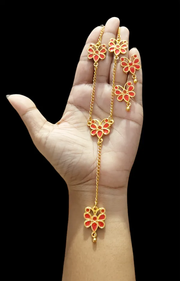 Assamese_Traditional_Copper_Based_Red_Meenakari_Butterfly_Jewellery_Set