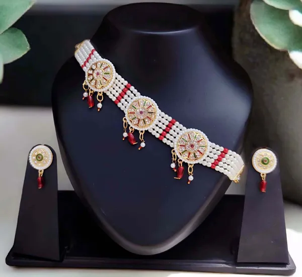 Multicolour_Traditional_Pearl_Beaded_Choker_Necklace_With_Earrings_&_For_Women