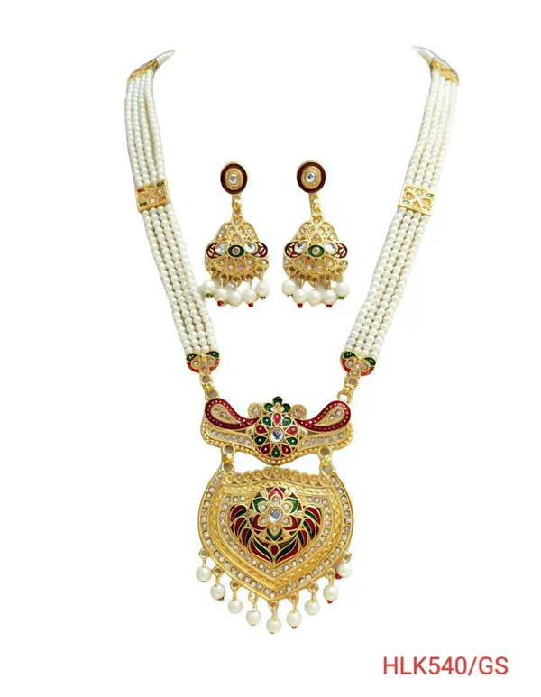 Balaji_Gold_Rajasthani_Golden_Traditional_Multi_Colour_Minakari_Multi_Strand_Pearls_Long_Necklace_Earring_Set_For_Women