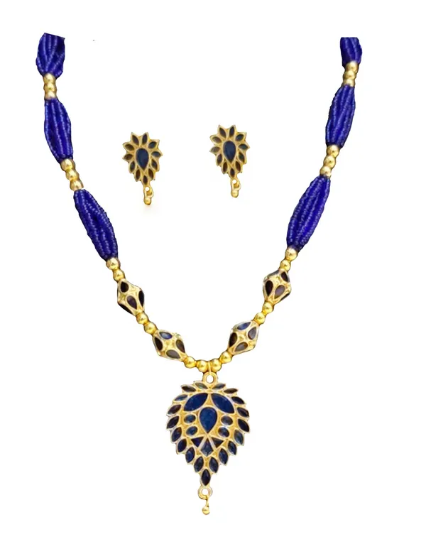 Assamese_Traditional_Blue_Meenakari_Dugdugi_4_Ball_Monimala_Tassel_Jewellery_Set