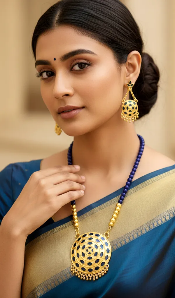 Assamese_Traditional_Copper_Based_Blue_Japi_Moni_Tassel_Jewellery_Set