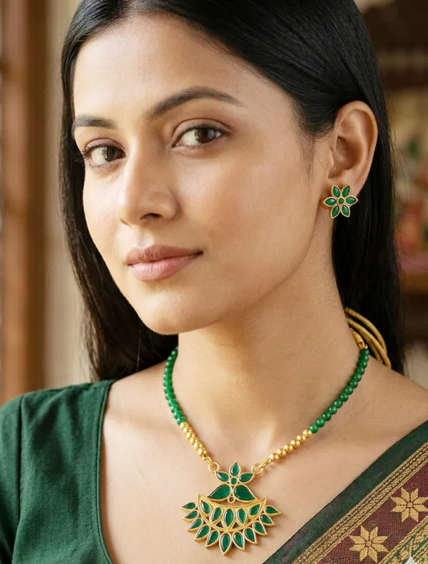 BG_GOLD_Assamese_Traditional_Copper_Based_Green__Flower_Set_With_Moni_Tassel_Jewellery_Set