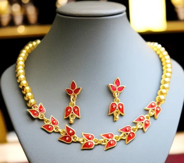 Assamese_Traditional_Copper_Based_Red_Leaf_Design_With_Golden_Ball_Golpata_Jewellery_Set