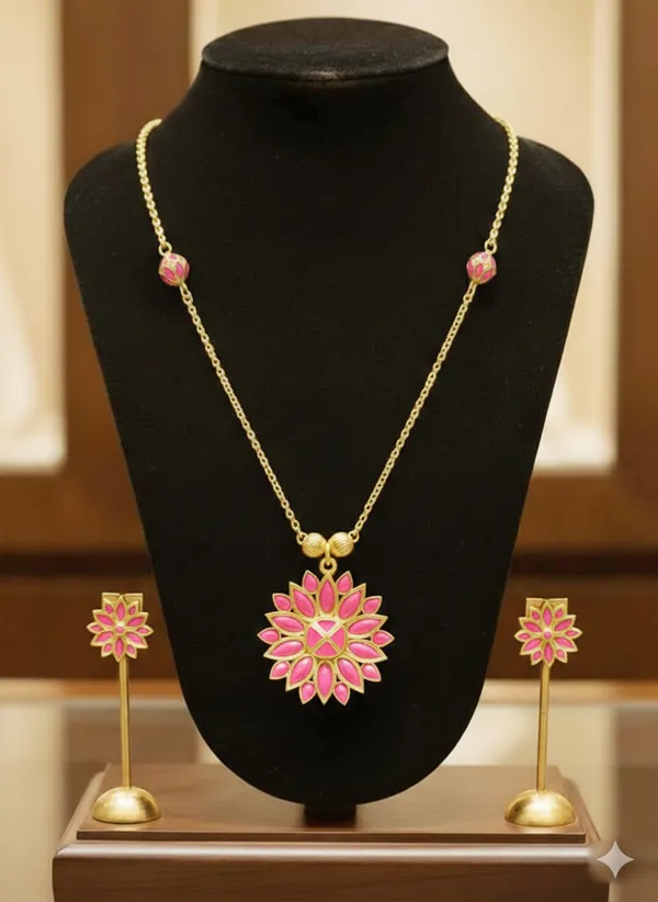 BG_GOLD_Assamese_Traditional_Copper_Based_Pink_Ful_Ball_Chain_Jewellery_SET