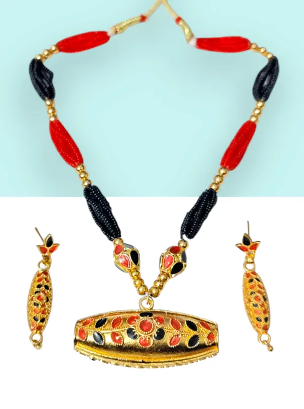 Assamese_Traditional_Copper_Based_Red_Black_Dholpuri_Ball_Tassel_Jewelry_Set