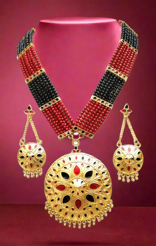 Assamese_Traditional_Copper_Based_Red_Black_Japi_Moti_Tassel_Jewellery_Set