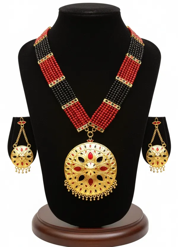 Assamese_Traditional_Copper_Based_Red_Black_Japi_Moti_Tassel_Jewellery_Set