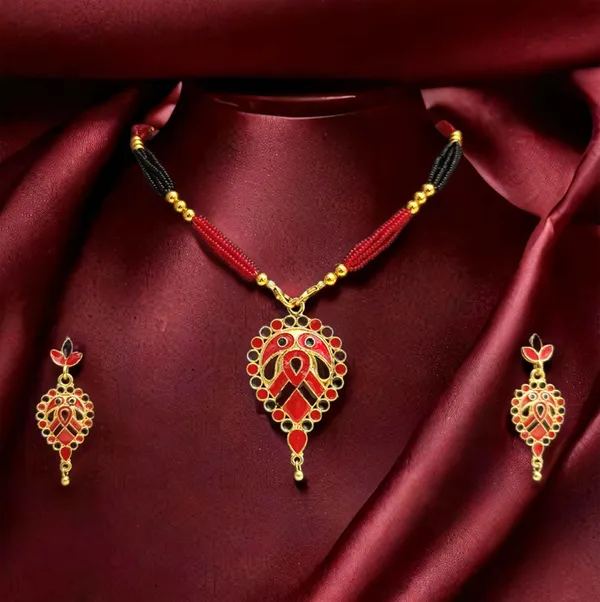 Assamese_Traditional_Copper_Based_Red_Black_Dugdugi_Tassel_Jewellery_Set