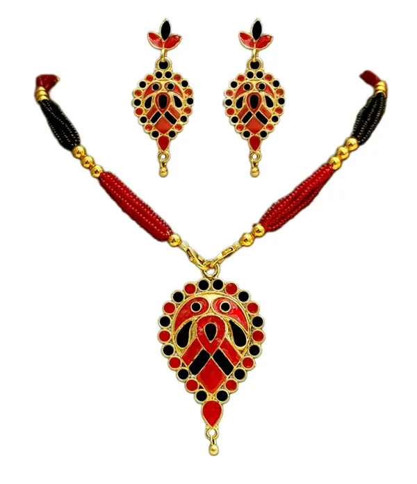 Assamese_Traditional_Copper_Based_Red_Black_Dugdugi_Tassel_Jewellery_Set