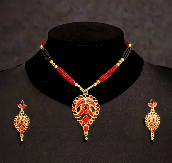 Assamese_Traditional_Copper_Based_Red_Black_Dugdugi_Tassel_Jewellery_Set