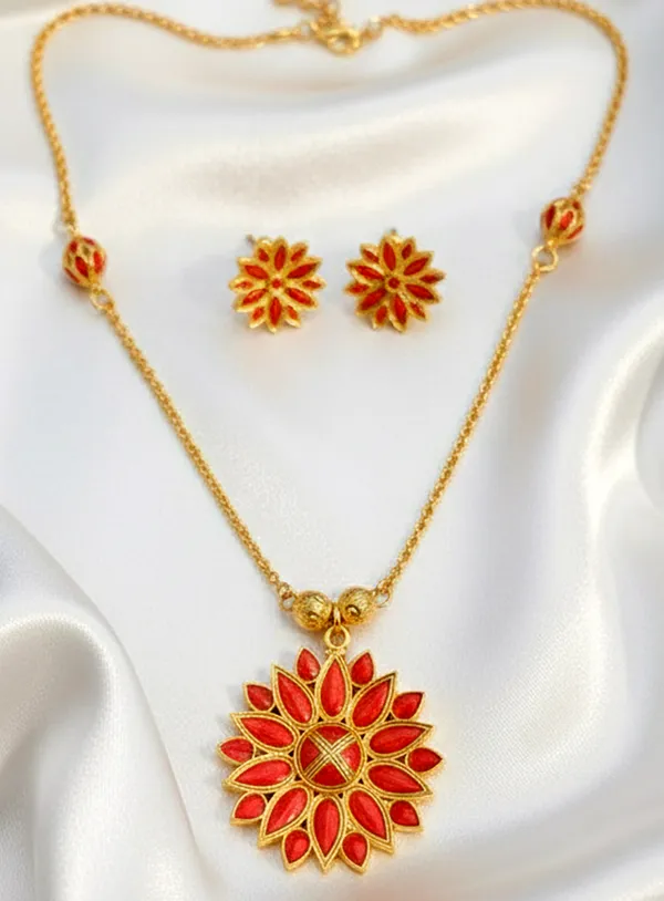 BG_GOLD_Assamese_Traditional_Copper_Based_Red_Ful_Ball_Chain_Jewellery_SET