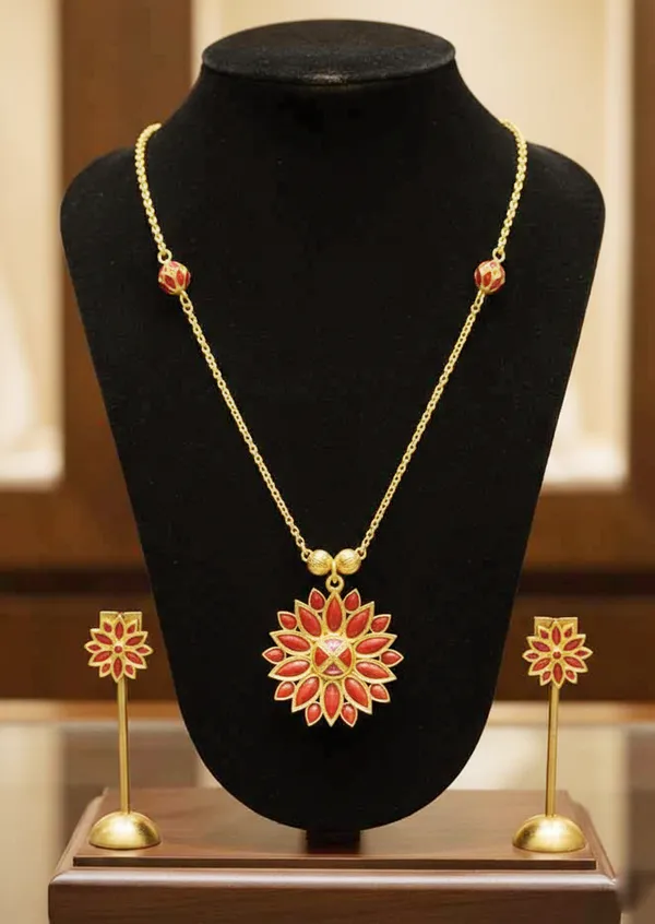 BG_GOLD_Assamese_Traditional_Copper_Based_Red_Ful_Ball_Chain_Jewellery_SET