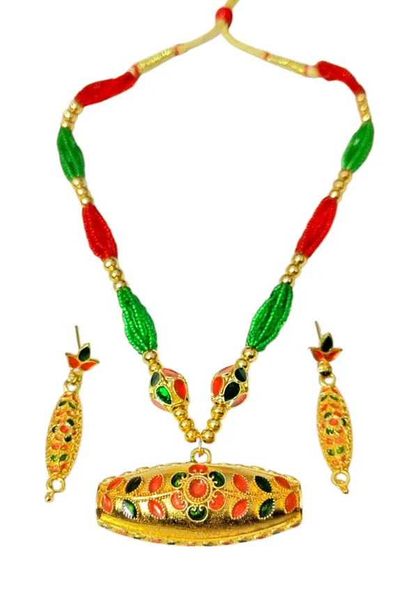 Assamese_Traditional_Copper_Based_Red_Green_Dholpuri_Ball_Tassel_Jewelry_Set