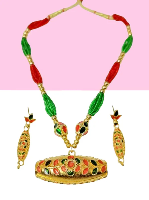 Assamese_Traditional_Copper_Based_Red_Green_Dholpuri_Ball_Tassel_Jewelry_Set
