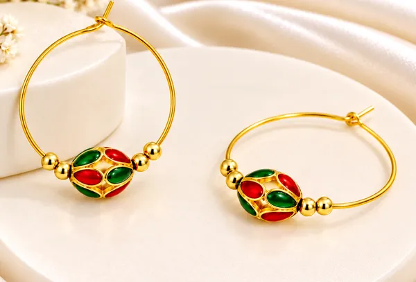 BG_GOLD_Assamese_Traditional_Copper_Based_Red_Green_Monimala_Hoop_Earring_Set