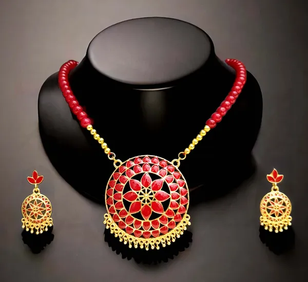 Assamese_Traditional_Copper_Based_Red_Japi_Moni_Tassel_Jewellery_Set