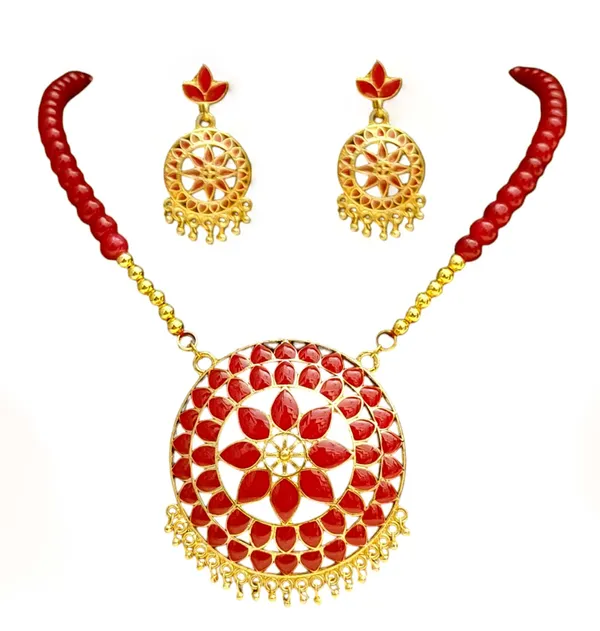 Assamese_Traditional_Copper_Based_Red_Japi_Moni_Tassel_Jewellery_Set