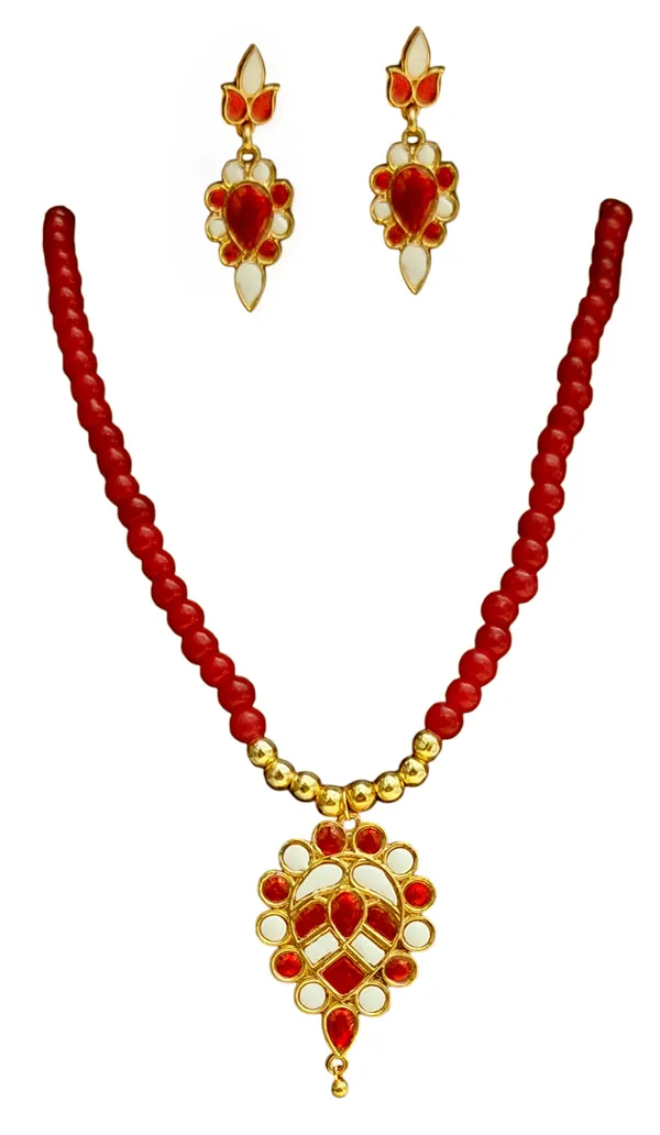 Assamese_Traditional_Copper_Based_Red_White_Dugdugi_Mini_Tassel_Combo_Jewellery_Set
