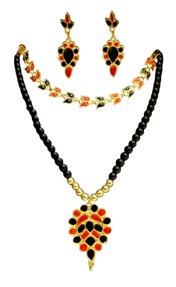 Assamese_Traditional_Copper_Based_Red_Black_Dugdugi_Mini_Tassel_Combo_Jewellery_Set