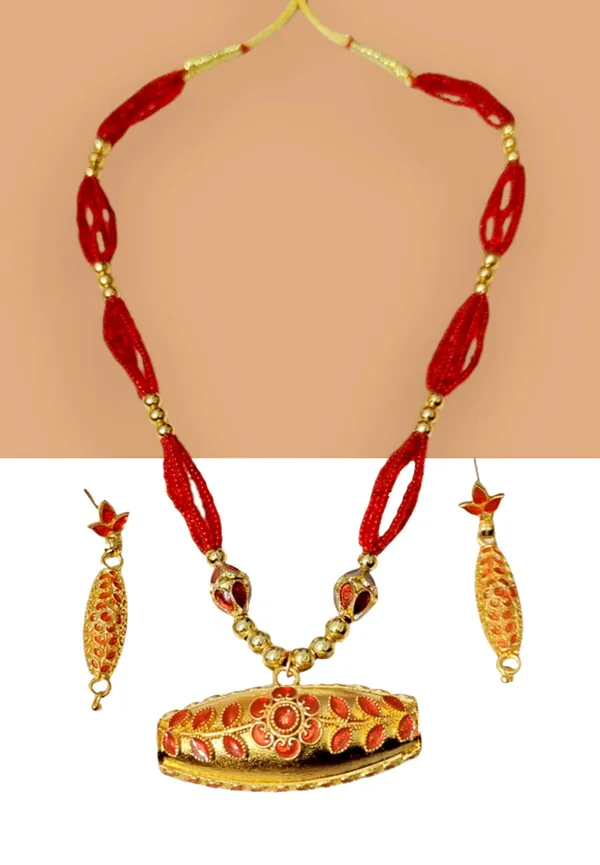 Assamese_Traditional_Copper_Based_Red_Dholbiri_Ball_Tassel_Jewelry_Set