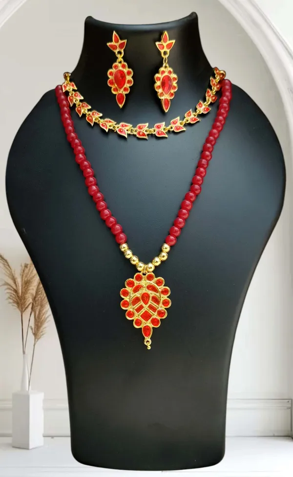 Assamese_Traditional_Copper_Based_Red_Dugdugi_Mini_Tassel_Combo_Jewellery_Set