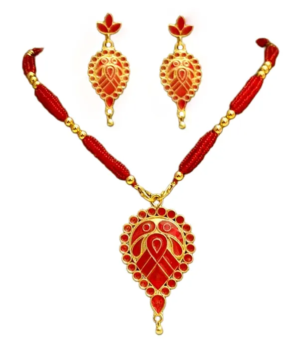 Assamese_Traditional_Copper_Based_Red_Dugdugi_Tassel_Jewellery_Set